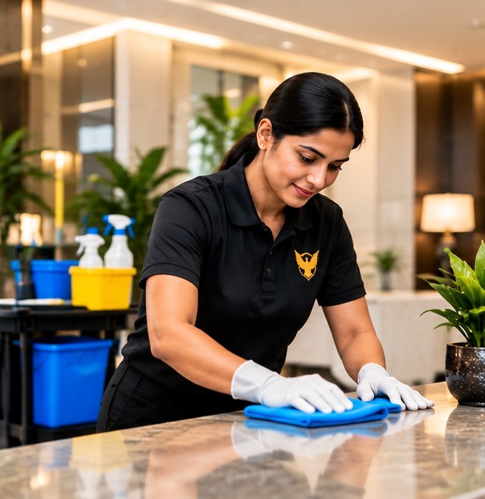 Professional housekeeping team in black uniform