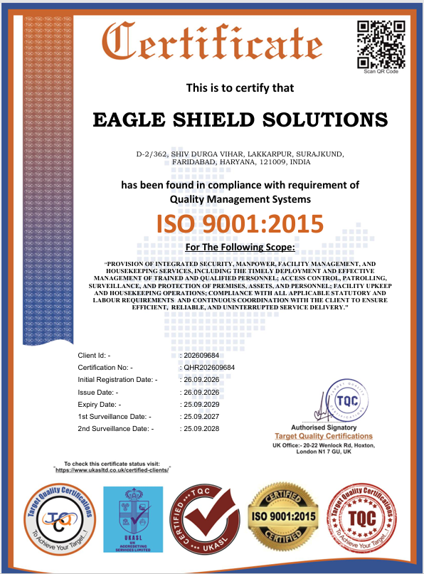 Eagle Shield Solutions ISO 9001:2015 Quality Management System certificate