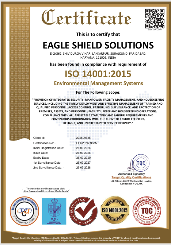 Eagle Shield Solutions ISO 14001:2015 Environmental Management System certificate