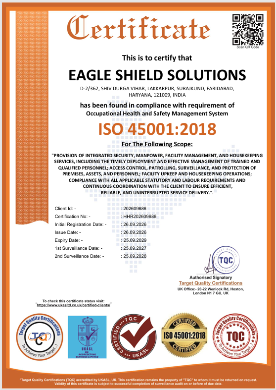 Eagle Shield Solutions ISO 45001:2018 Occupational Health and Safety Management System certificate