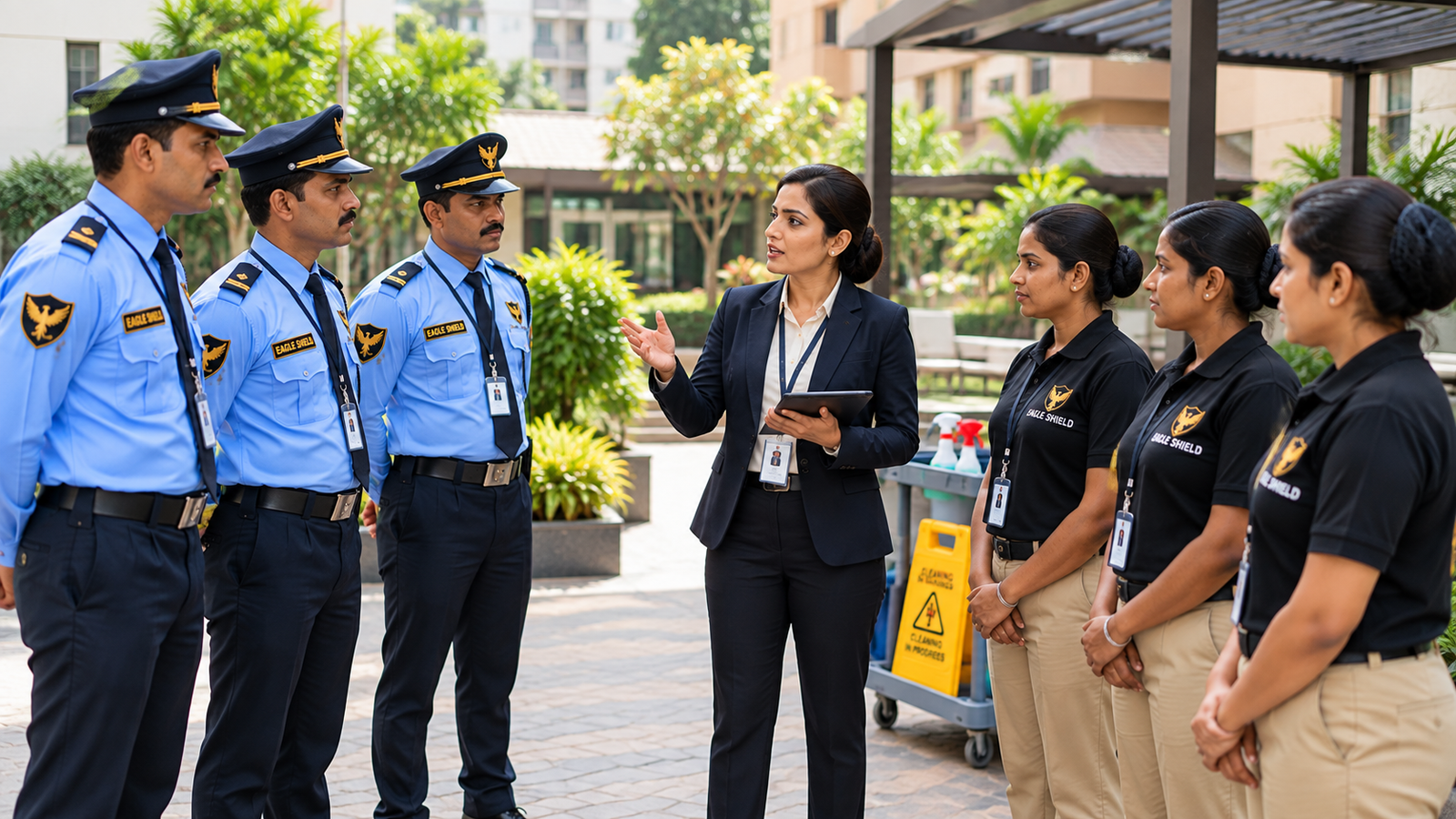Eagle Shield security guards and housekeeping team receiving a professional site briefing